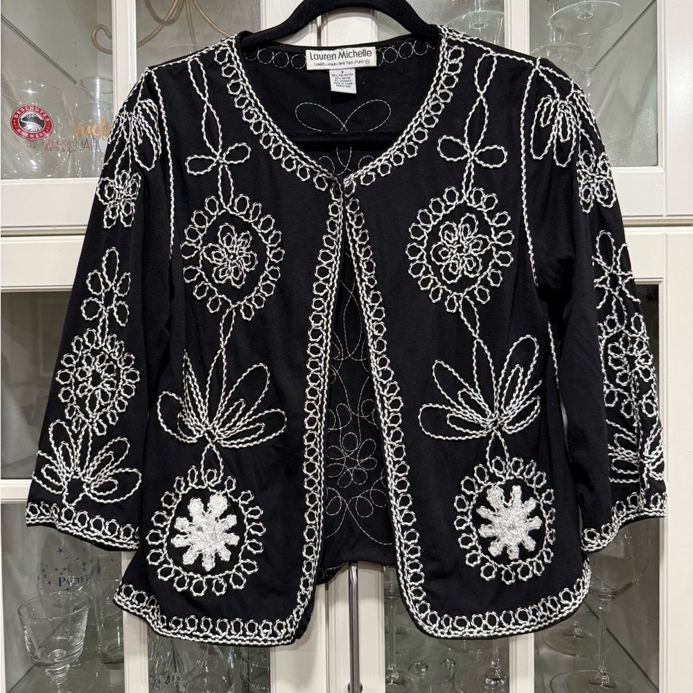 Lauren Michelle Black Cardigan with White Embroidery